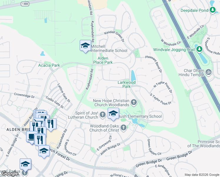 map of restaurants, bars, coffee shops, grocery stores, and more near 138 West Bristol Oak Circle in Spring