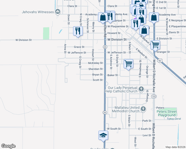 map of restaurants, bars, coffee shops, grocery stores, and more near 699 Hobart St in Jennings