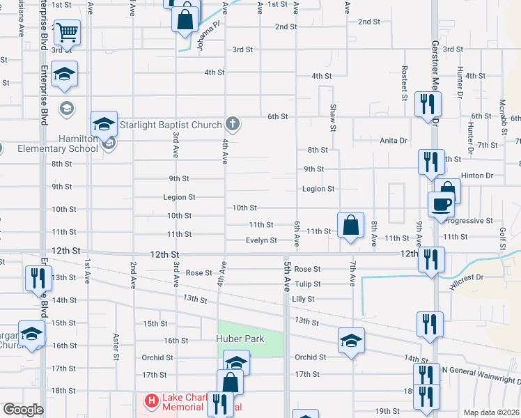 map of restaurants, bars, coffee shops, grocery stores, and more near 2132 Legion Street in Lake Charles
