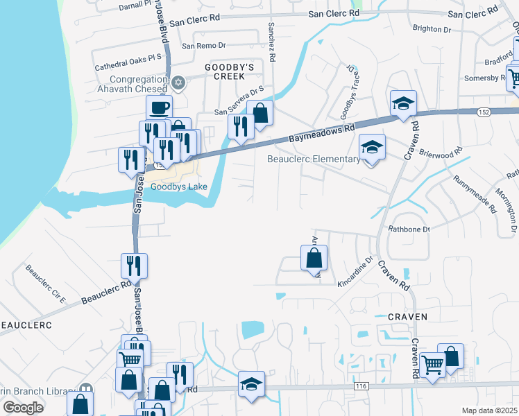 map of restaurants, bars, coffee shops, grocery stores, and more near 9041 Regina Road in Jacksonville
