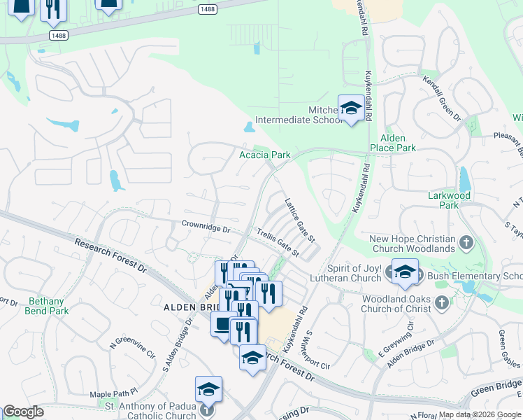 map of restaurants, bars, coffee shops, grocery stores, and more near 6 East Honey Grove Place in Spring