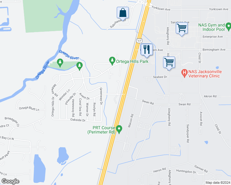 map of restaurants, bars, coffee shops, grocery stores, and more near 7428 Palm Hills Drive in Jacksonville