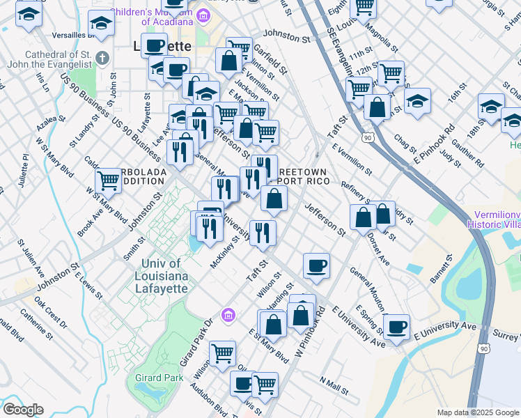 map of restaurants, bars, coffee shops, grocery stores, and more near 426 General Mouton Avenue in Lafayette