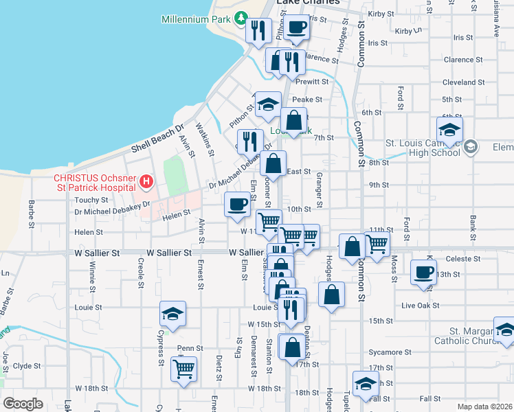 map of restaurants, bars, coffee shops, grocery stores, and more near 1751 Elm Street in Lake Charles