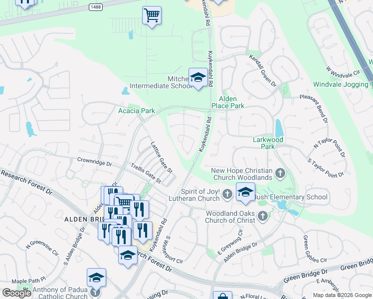 map of restaurants, bars, coffee shops, grocery stores, and more near 95 Autumn Branch Drive in Spring