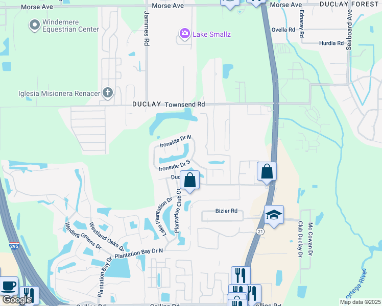 map of restaurants, bars, coffee shops, grocery stores, and more near 7376 Ironside Drive East in Jacksonville
