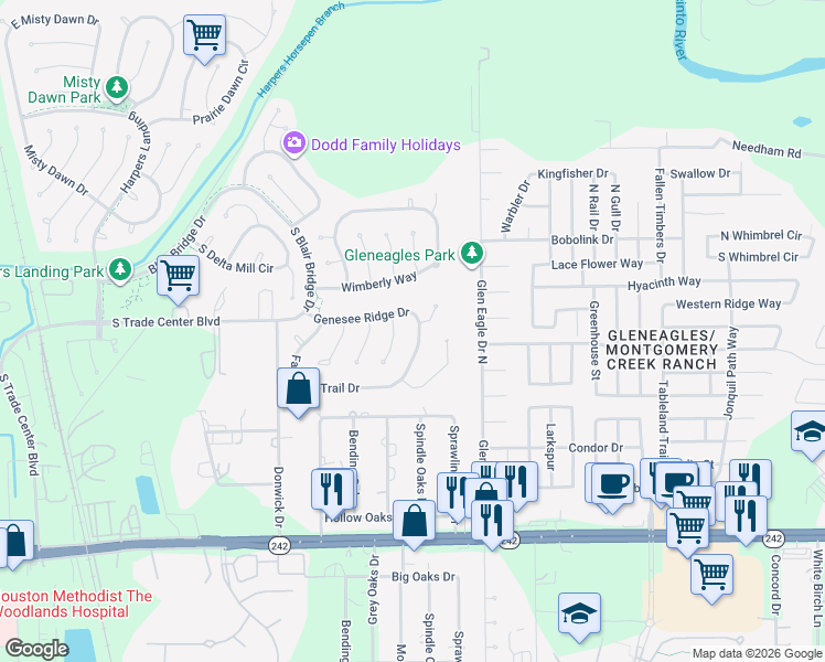 map of restaurants, bars, coffee shops, grocery stores, and more near 86 Genesee Ridge Drive in Conroe