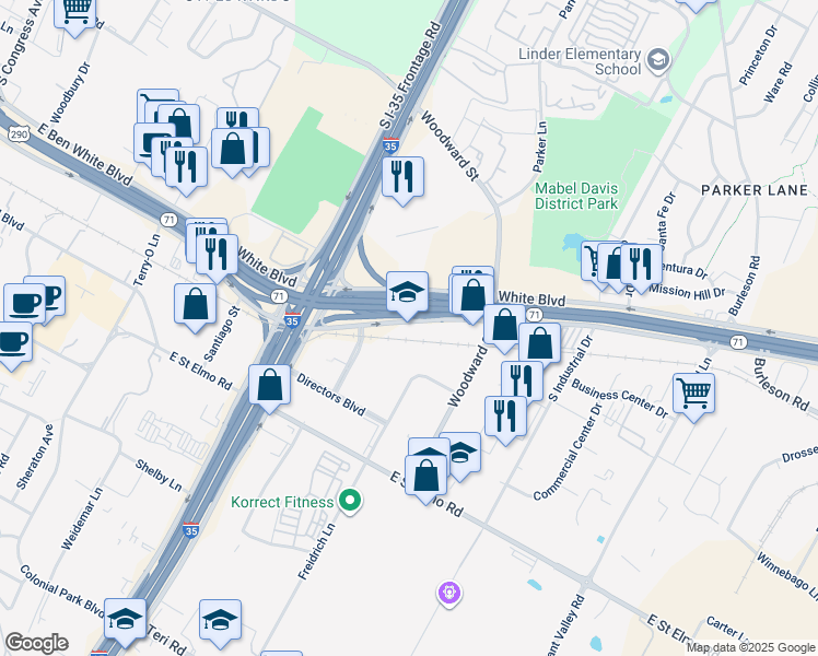 map of restaurants, bars, coffee shops, grocery stores, and more near 1901 East Ben White Boulevard in Austin