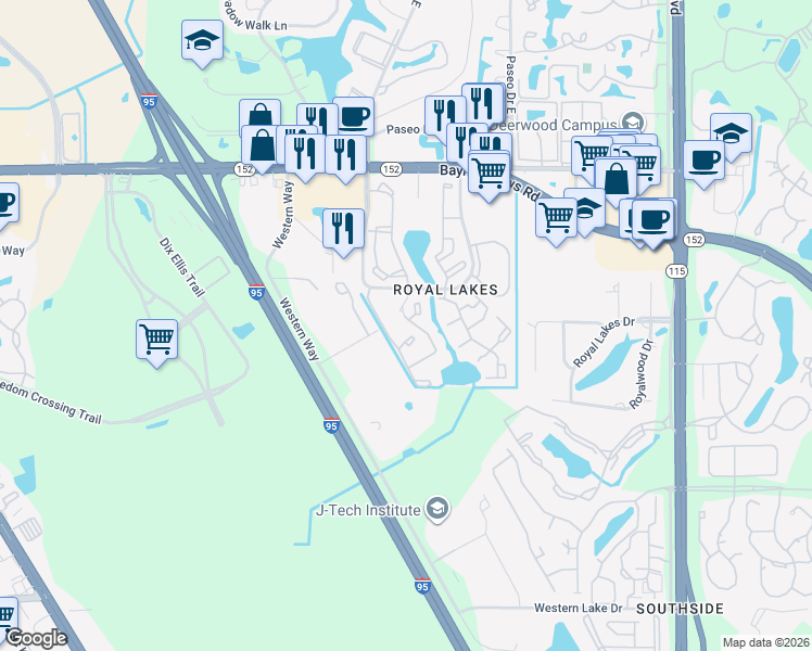 map of restaurants, bars, coffee shops, grocery stores, and more near 9480 Princeton Square Boulevard South in Jacksonville