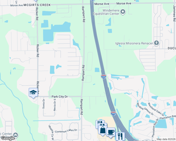 map of restaurants, bars, coffee shops, grocery stores, and more near Rampart Rd in Jacksonville