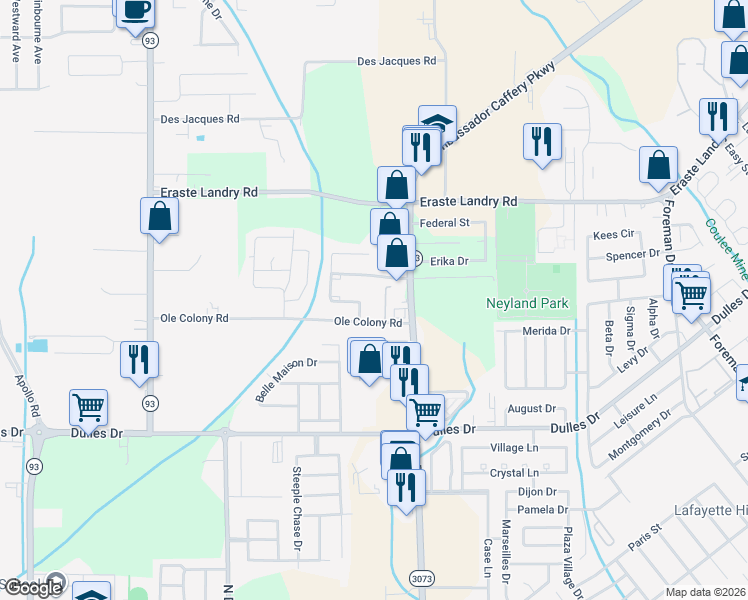 map of restaurants, bars, coffee shops, grocery stores, and more near 107 West Avondale Drive in Lafayette