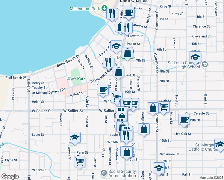 map of restaurants, bars, coffee shops, grocery stores, and more near 1741 Elm Street in Lake Charles
