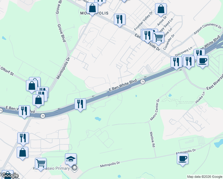map of restaurants, bars, coffee shops, grocery stores, and more near 7016 East Ben White Boulevard in Austin