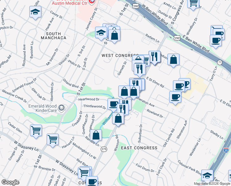 map of restaurants, bars, coffee shops, grocery stores, and more near 4704 S Congress Ave in Austin