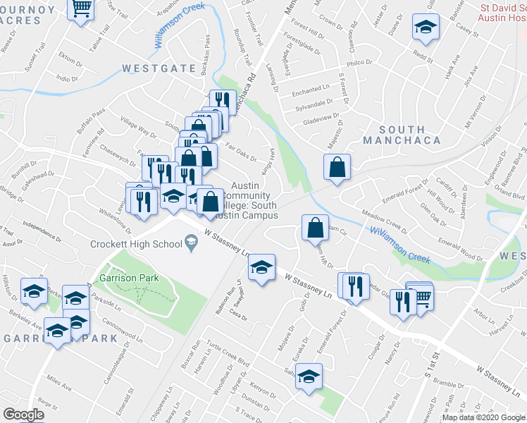 map of restaurants, bars, coffee shops, grocery stores, and more near 5212 Saint Georges Green in Austin