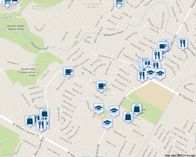 map of restaurants, bars, coffee shops, grocery stores, and more near 2506 Coatbridge Drive in Austin