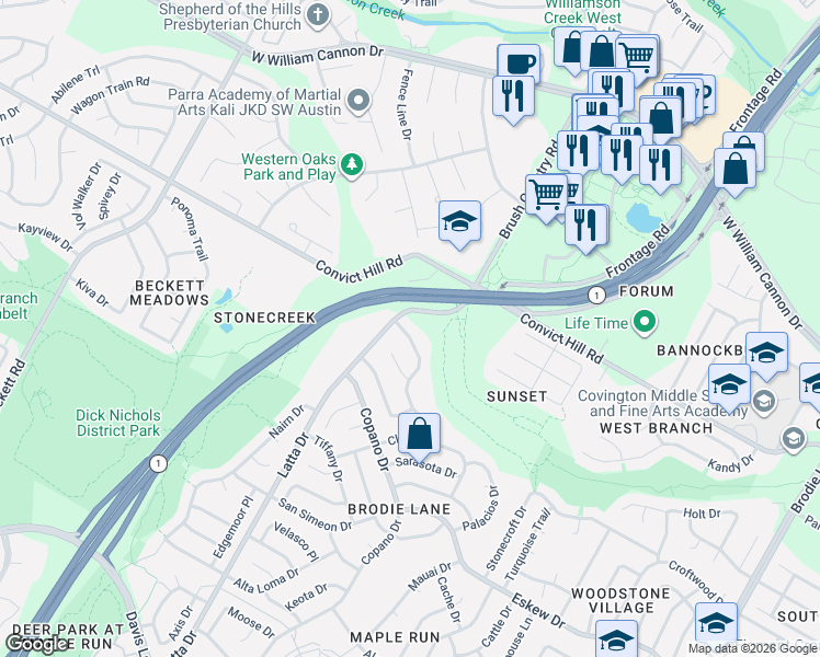 map of restaurants, bars, coffee shops, grocery stores, and more near 7505 Islander Drive in Austin