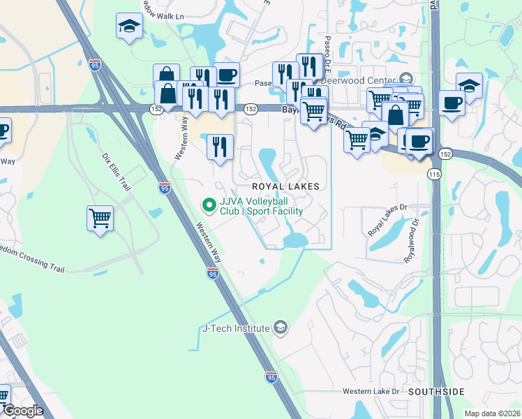 map of restaurants, bars, coffee shops, grocery stores, and more near 9480 Princeton Square Boulevard South in Jacksonville
