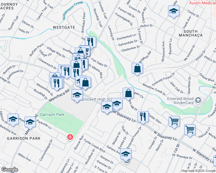 map of restaurants, bars, coffee shops, grocery stores, and more near 5212 Saint Georges Green in Austin