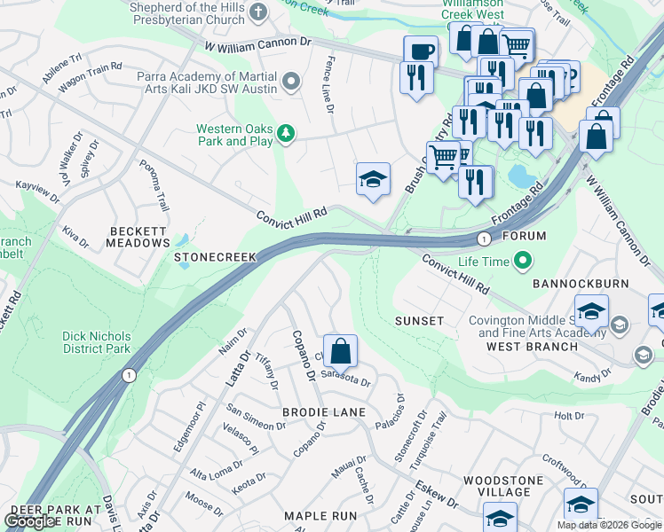 map of restaurants, bars, coffee shops, grocery stores, and more near 7505 Islander Drive in Austin