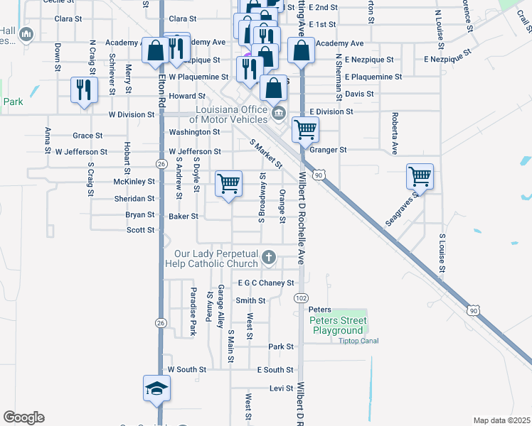 map of restaurants, bars, coffee shops, grocery stores, and more near 201-299 East Sumner Street in Jennings