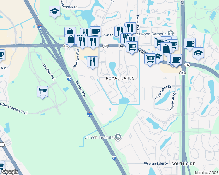 map of restaurants, bars, coffee shops, grocery stores, and more near 9480 Princeton Square Boulevard South in Jacksonville