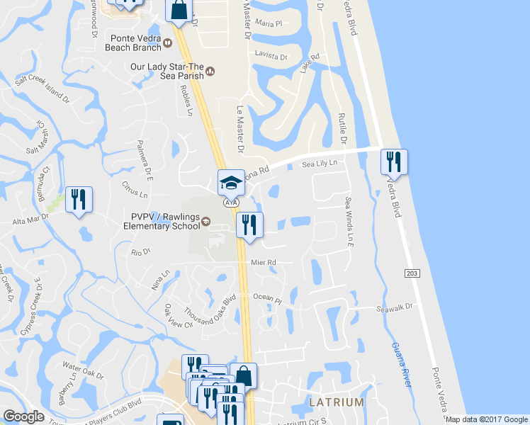 map of restaurants, bars, coffee shops, grocery stores, and more near 95 Ponte Vedra Colony Circle in Ponte Vedra