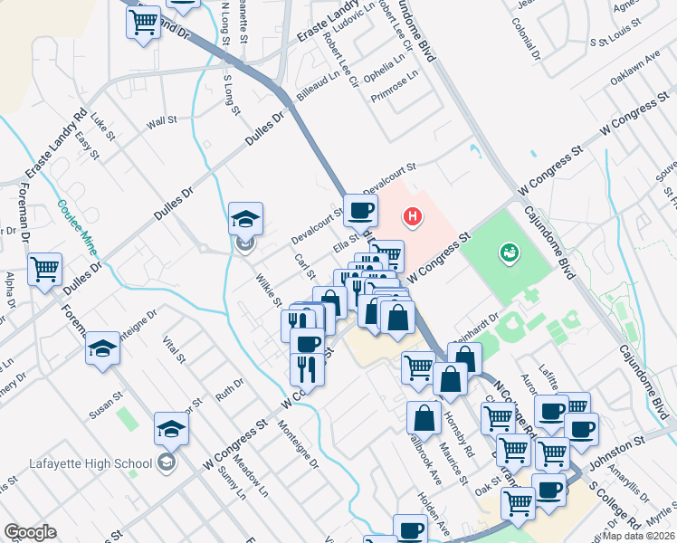 map of restaurants, bars, coffee shops, grocery stores, and more near 206 Rayburn Street in Lafayette