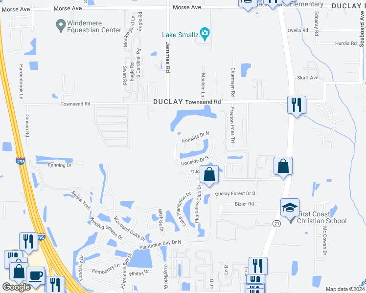 map of restaurants, bars, coffee shops, grocery stores, and more near 7326 Ironside Court in Jacksonville