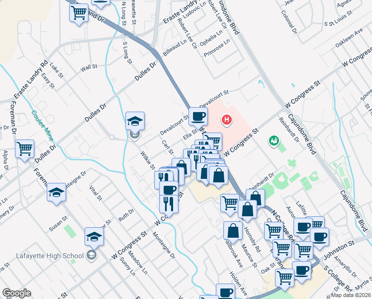 map of restaurants, bars, coffee shops, grocery stores, and more near 206 Rayburn Street in Lafayette