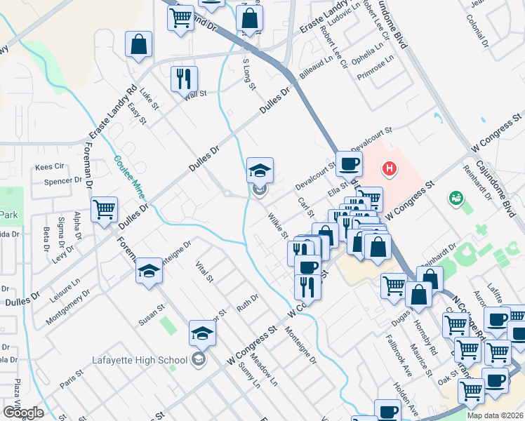 map of restaurants, bars, coffee shops, grocery stores, and more near 307 Devalcourt Street in Lafayette