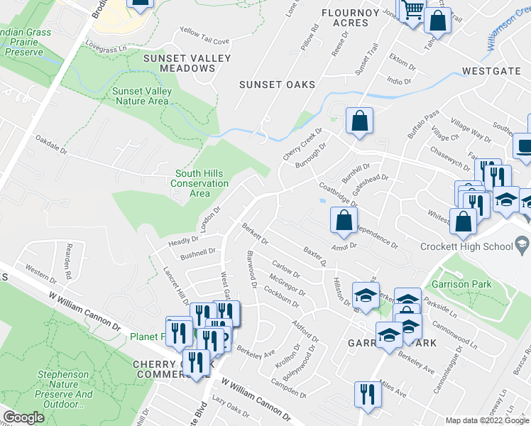 map of restaurants, bars, coffee shops, grocery stores, and more near 6104 Blarwood Drive in Austin