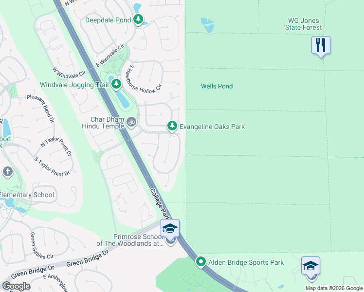 map of restaurants, bars, coffee shops, grocery stores, and more near 79 East Evangeline Oaks Circle in Conroe
