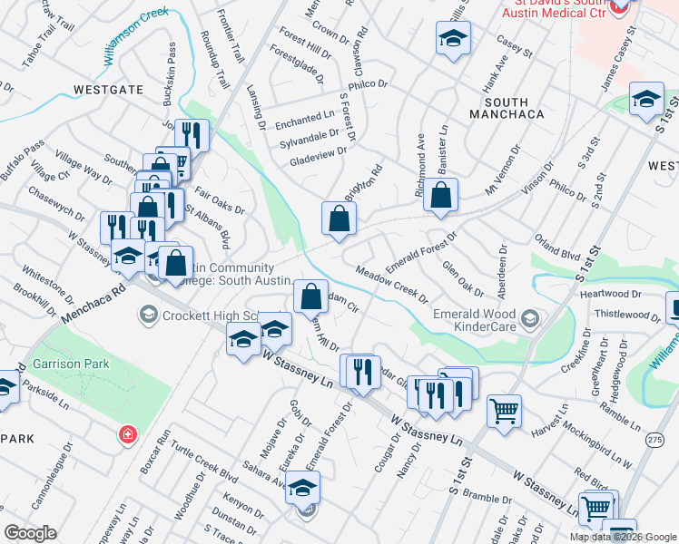map of restaurants, bars, coffee shops, grocery stores, and more near 5305 Meadow Creek Circle in Austin