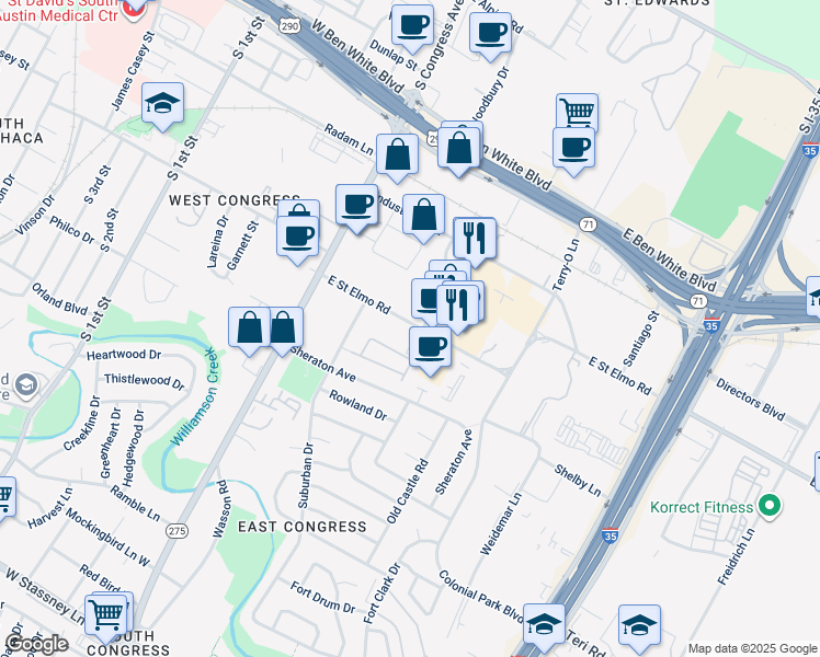 map of restaurants, bars, coffee shops, grocery stores, and more near 311 E St Elmo Rd in Austin