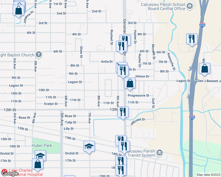 map of restaurants, bars, coffee shops, grocery stores, and more near 1716 9th Avenue in Lake Charles