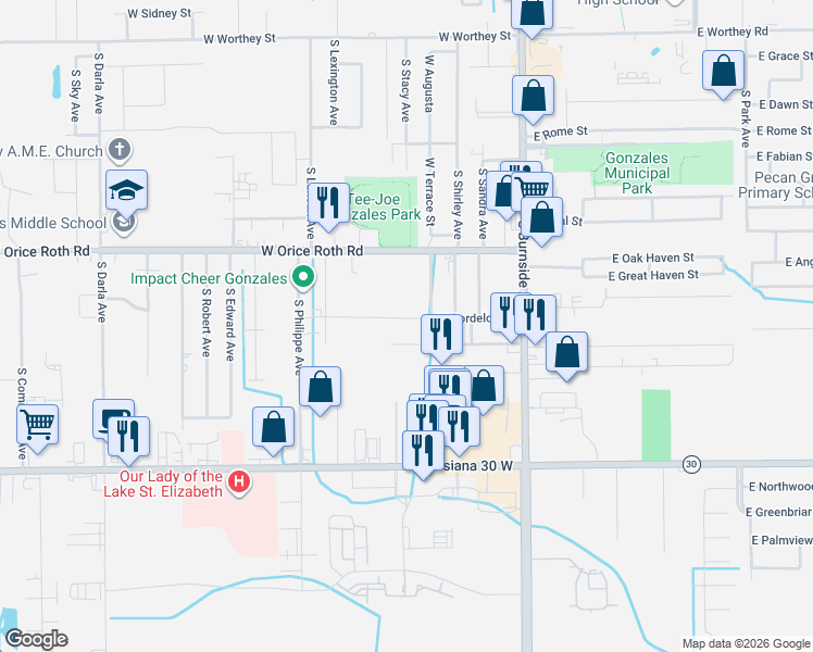 map of restaurants, bars, coffee shops, grocery stores, and more near 609 West Bordelon Street in Gonzales