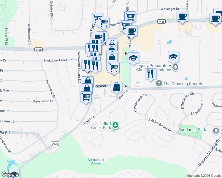map of restaurants, bars, coffee shops, grocery stores, and more near 10333 Research Forest Drive in Magnolia
