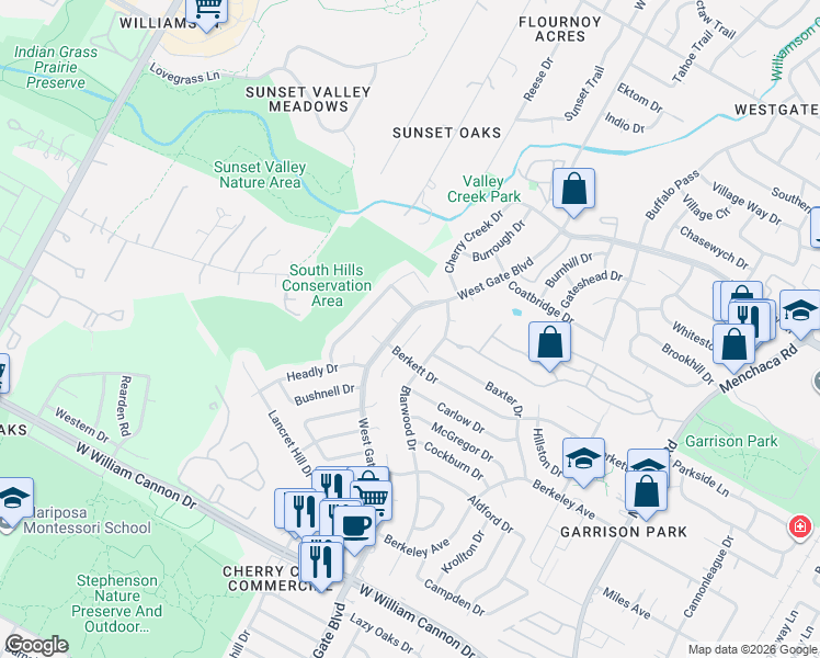 map of restaurants, bars, coffee shops, grocery stores, and more near 6108 Bridlington Circle in Austin