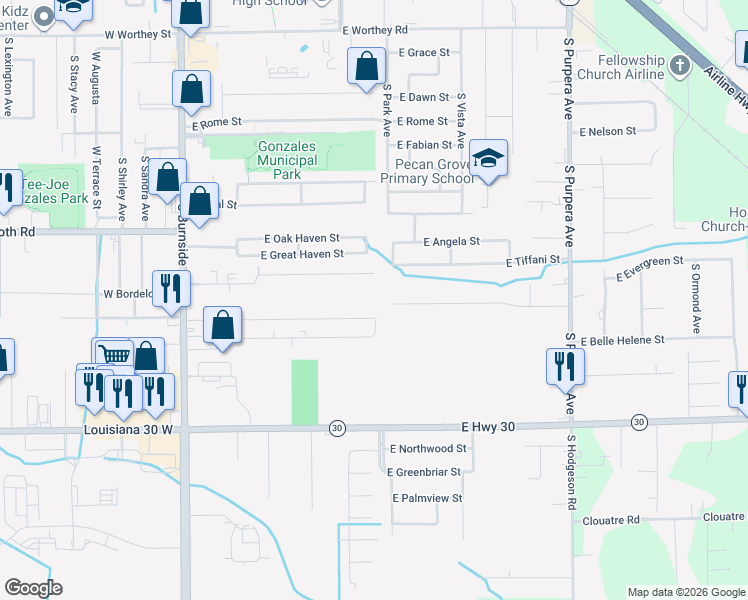 map of restaurants, bars, coffee shops, grocery stores, and more near 1002 East Eva Street in Gonzales