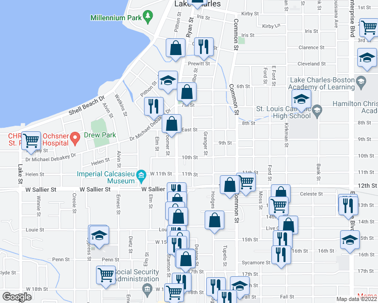 map of restaurants, bars, coffee shops, grocery stores, and more near 1742 Bilbo Street in Lake Charles