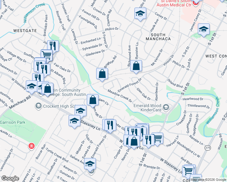 map of restaurants, bars, coffee shops, grocery stores, and more near 5213 Emerald Meadow Drive in Austin