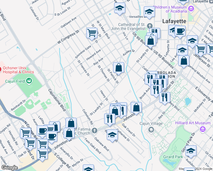 map of restaurants, bars, coffee shops, grocery stores, and more near 125 Saint Thomas Street in Lafayette