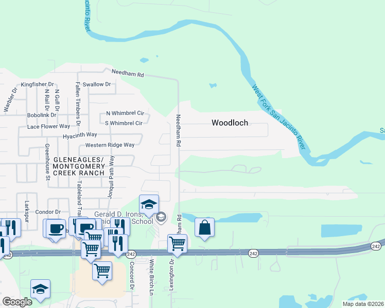 map of restaurants, bars, coffee shops, grocery stores, and more near 2513 River Ridge in Conroe