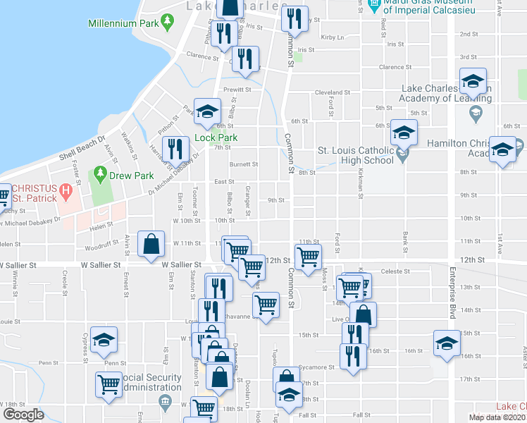 map of restaurants, bars, coffee shops, grocery stores, and more near 1743 Hodges Street in Lake Charles