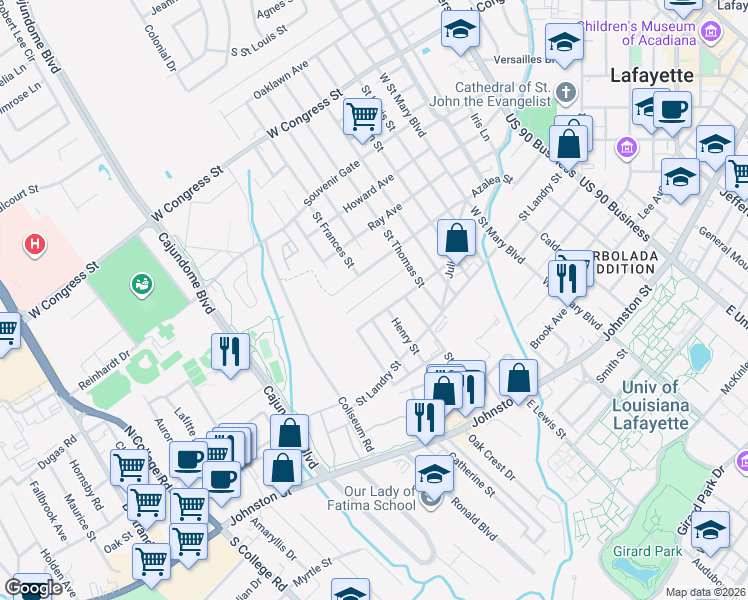 map of restaurants, bars, coffee shops, grocery stores, and more near 160 Louisa Boulevard in Lafayette