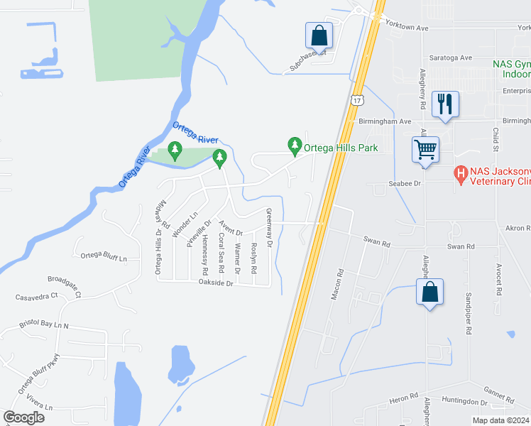 map of restaurants, bars, coffee shops, grocery stores, and more near 7356 Greenway Drive in Jacksonville