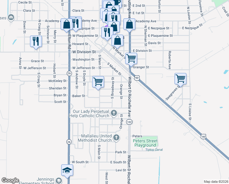 map of restaurants, bars, coffee shops, grocery stores, and more near 201-299 East Sumner Street in Jennings