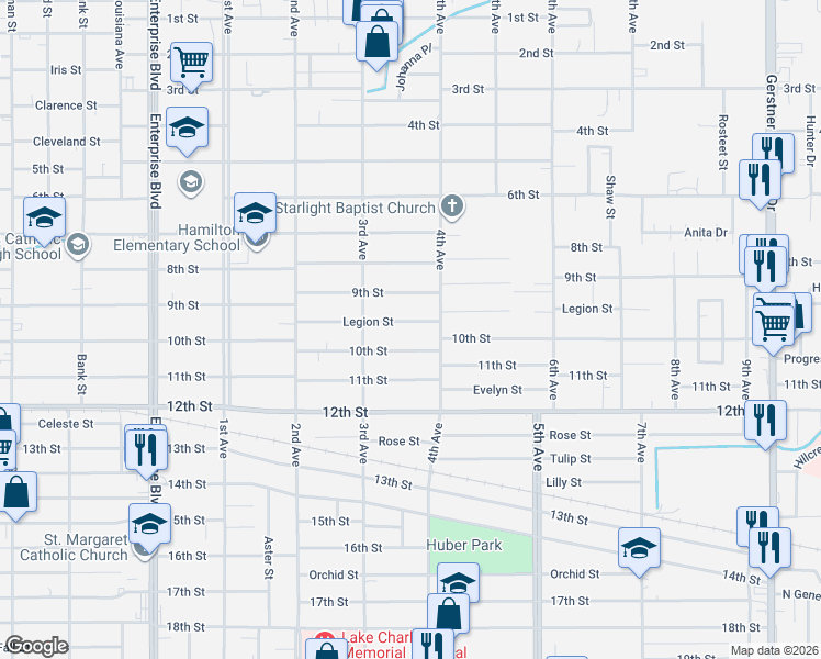 map of restaurants, bars, coffee shops, grocery stores, and more near 1924 Legion Street in Lake Charles