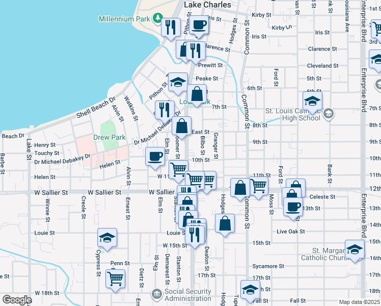 map of restaurants, bars, coffee shops, grocery stores, and more near 1739 Ryan Street in Lake Charles